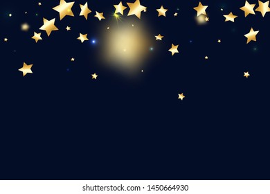 Gold star confetti on black background.  Minimalistic fallen particle. Holiday vector colorful confetti. Birthday party backdrop. New Year card template
