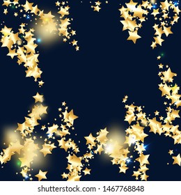 Gold star confetti on black background.  Minimalistic fallen particle. Abstract vector colorful confetti. Birthday party backdrop. Christmas card template