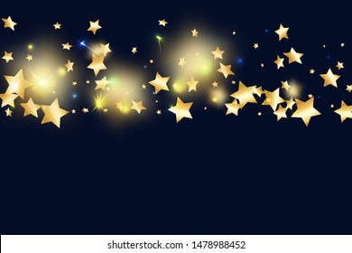 Gold star confetti on black background.  Flying shiny sparkle particles. Holiday vector colorful confetti. Birthday party backdrop. Christmas card template