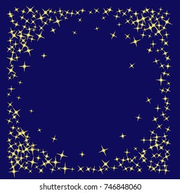 Gold star Confetti on dark blue background for your project. Starlight Night. Astral Design. Chaotic Decor. Modern Creative Pattern.Vector