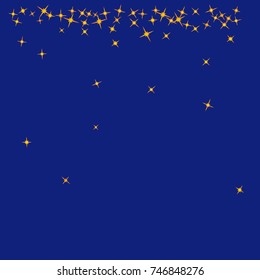 Gold star Confetti on dark blue background for your project. Starlight Night. Astral Design. Chaotic Decor. Modern Creative Pattern.Vector