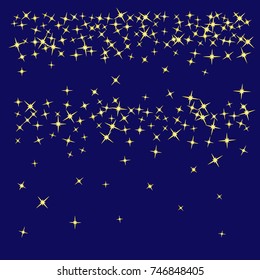 Gold star Confetti on dark blue background for your project. Starlight Night. Astral Design. Chaotic Decor. Modern Creative Pattern.Vector