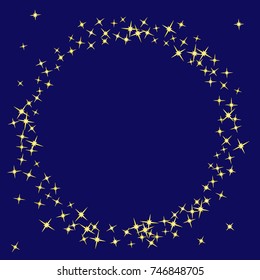Gold star Confetti on dark blue background for your project. Starlight Night. Astral Design. Chaotic Decor. Modern Creative Pattern.Vector