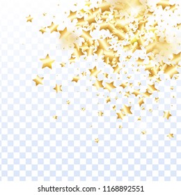 Gold star confetti on transparent background.  Minimalistic fallen particle. Holiday vector colorful confetti. Sparkle bright decoration backdrop. Christmas card template