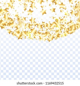 Gold star confetti on transparent background.  Flying shiny sparkle particles. Abstract vector colorful confetti. Sparkle bright decoration backdrop. Christmas card template