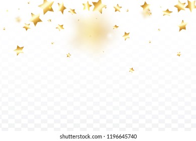 Gold star confetti on transparent background.  Flying shiny sparkle particles. Holiday vector colorful confetti. Sparkle bright decoration backdrop. Surprise card template