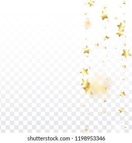 Gold star confetti on transparent background.  Flying shiny sparkle shower. Holiday vector colorful confetti. Birthday party backdrop. Christmas card template