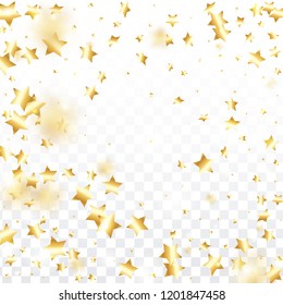 Gold star confetti on transparent background.  Flying shiny sparkle shower. Holiday vector colorful confetti. Birthday party backdrop. Christmas card template