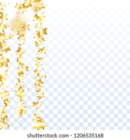 Gold star confetti on transparent background.  Flying shiny sparkle particles. Holiday vector colorful confetti. Sparkle bright decoration backdrop. New Year card template