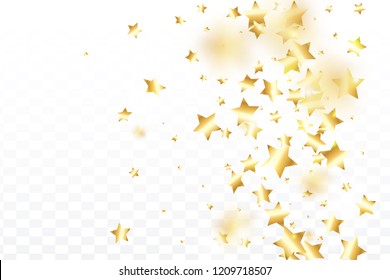 Gold star confetti on transparent background.  Flying shiny sparkle shower. Abstract vector colorful confetti. Birthday party backdrop. New Year card template