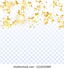 Gold star confetti on transparent background.  Minimalistic fallen particle. Holiday vector colorful confetti. Sparkle bright decoration backdrop. New Year card template