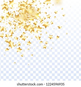 Gold star confetti on transparent background.  Flying shiny sparkle shower. Abstract vector colorful confetti. Birthday party backdrop. Surprise card template