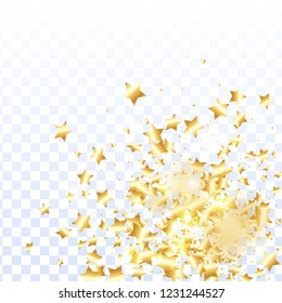 Gold star confetti on transparent background.  Flying shiny sparkle particles. Abstract vector colorful confetti. Birthday party backdrop. Christmas card template