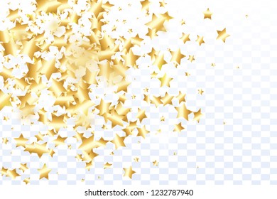 Gold star confetti on transparent background.  Flying shiny sparkle particles. Holiday vector colorful confetti. Birthday party backdrop. Surprise card template