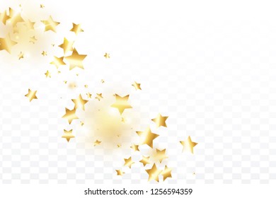 Gold star confetti on transparent background.  Flying shiny sparkle particles. Holiday vector colorful confetti. Sparkle bright decoration backdrop. Christmas card template