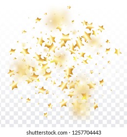Gold star confetti on transparent background.  Minimalistic fallen particle. Abstract vector colorful confetti. Birthday party backdrop. New Year card template