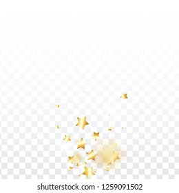 Gold star confetti on transparent background.  Flying shiny sparkle shower. Holiday vector colorful confetti. Birthday party backdrop. Surprise card template