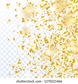 Gold star confetti on transparent background.  Flying shiny sparkle particles. Abstract vector colorful confetti. Birthday party backdrop. Christmas card template