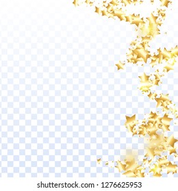 Gold star confetti on transparent background.  Minimalistic fallen particle. Holiday vector colorful confetti. Birthday party backdrop. Christmas card template