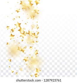 Gold star confetti on transparent background.  Minimalistic fallen particle. Holiday vector colorful confetti. Sparkle bright decoration backdrop. Christmas card template