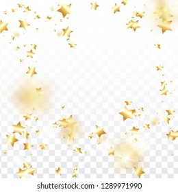 Gold star confetti on transparent background.  Flying shiny sparkle particles. Holiday vector colorful confetti. Birthday party backdrop. Christmas card template