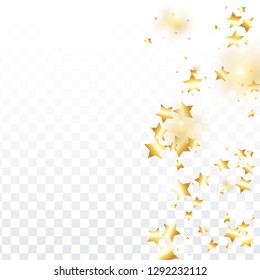 Gold star confetti on transparent background.  Flying shiny sparkle particles. Holiday vector colorful confetti. Sparkle bright decoration backdrop. Christmas card template