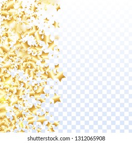 Gold star confetti on transparent background.  Minimalistic fallen particle. Abstract vector colorful confetti. Sparkle bright decoration backdrop. Christmas card template