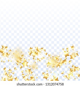 Gold star confetti on transparent background.  Minimalistic fallen particle. Holiday vector colorful confetti. Sparkle bright decoration backdrop. New Year card template