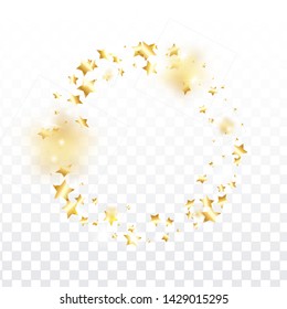 Gold star confetti on transparent background.  Minimalistic fallen particle. Abstract vector colorful confetti. Birthday party backdrop. Surprise card template