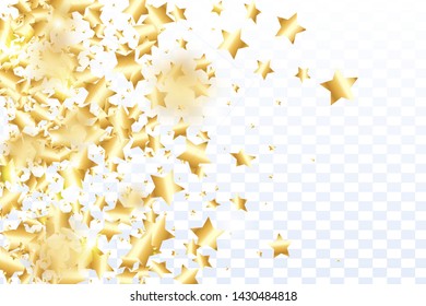 Gold star confetti on transparent background.  Flying shiny sparkle shower. Holiday vector colorful confetti. Birthday party backdrop. New Year card template