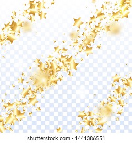 Gold star confetti on transparent background.  Flying shiny sparkle shower. Abstract vector colorful confetti. Sparkle bright decoration backdrop. Christmas card template