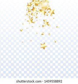Gold star confetti on transparent background.  Flying shiny sparkle shower. Holiday vector colorful confetti. Sparkle bright decoration backdrop. Surprise card template
