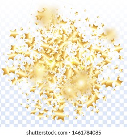 Gold star confetti on transparent background.  Flying shiny sparkle particles. Abstract vector colorful confetti. Sparkle bright decoration backdrop. New Year card template