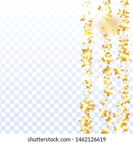 Gold star confetti on transparent background.  Minimalistic fallen particle. Holiday vector colorful confetti. Birthday party backdrop. Surprise card template