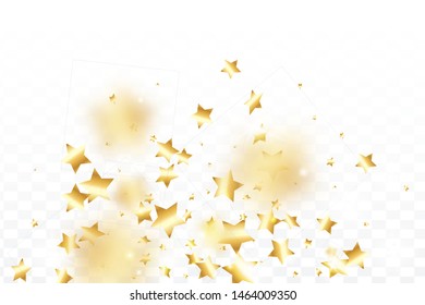 Gold star confetti on transparent background.  Minimalistic fallen particle. Holiday vector colorful confetti. Sparkle bright decoration backdrop. Christmas card template