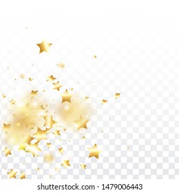Gold star confetti on transparent background.  Flying shiny sparkle particles. Abstract vector colorful confetti. Sparkle bright decoration backdrop. New Year card template