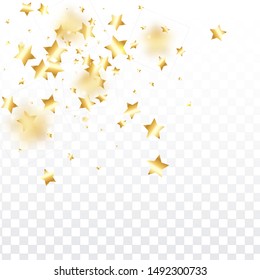 Gold star confetti on transparent background.  Flying shiny sparkle particles. Holiday vector colorful confetti. Sparkle bright decoration backdrop. New Year card template