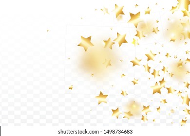 Gold star confetti on transparent background.  Flying shiny sparkle particles. Abstract vector colorful confetti. Birthday party backdrop. New Year card template