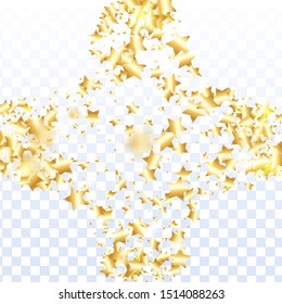 Gold star confetti on transparent background.  Flying shiny sparkle shower. Holiday vector colorful confetti. Birthday party backdrop. Christmas card template