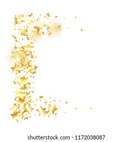 Gold star confetti on white background.  Flying shiny sparkle shower. Abstract vector colorful confetti. Sparkle bright decoration backdrop. Surprise card template