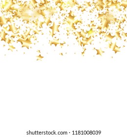 Gold star confetti on white background.  Minimalistic fallen particle. Holiday vector colorful confetti. Birthday party backdrop. Surprise card template