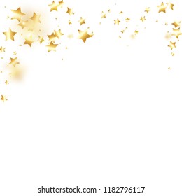 Gold star confetti on white background.  Flying shiny sparkle particles. Holiday vector colorful confetti. Sparkle bright decoration backdrop. Christmas card template