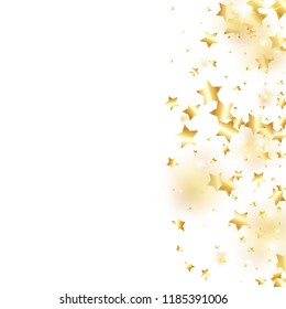 Gold star confetti on white background.  Flying shiny sparkle particles. Holiday vector colorful confetti. Sparkle bright decoration backdrop. New Year card template