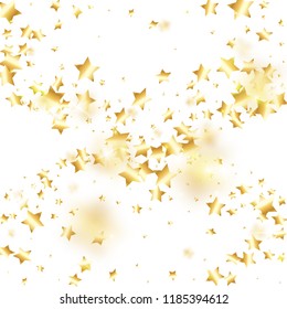 Gold star confetti on white background.  Minimalistic fallen particle. Holiday vector colorful confetti. Birthday party backdrop. Christmas card template