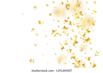 Gold star confetti on white background.  Flying shiny sparkle shower. Abstract vector colorful confetti. Sparkle bright decoration backdrop. Surprise card template