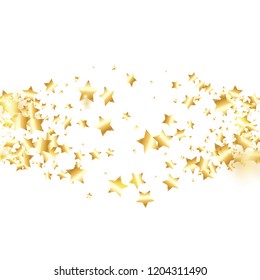 Gold star confetti on white background.  Minimalistic fallen particle. Abstract vector colorful confetti. Birthday party backdrop. New Year card template