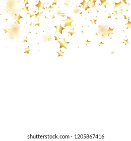 Gold star confetti on white background.  Minimalistic fallen particle. Holiday vector colorful confetti. Sparkle bright decoration backdrop. New Year card template