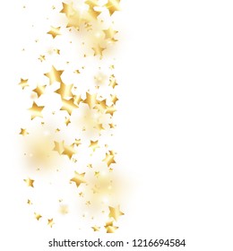 Gold star confetti on white background.  Flying shiny sparkle shower. Holiday vector colorful confetti. Sparkle bright decoration backdrop. Surprise card template