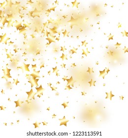 Gold star confetti on white background.  Flying shiny sparkle particles. Holiday vector colorful confetti. Sparkle bright decoration backdrop. New Year card template