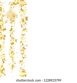 Gold star confetti on white background.  Flying shiny sparkle particles. Abstract vector colorful confetti. Birthday party backdrop. Surprise card template